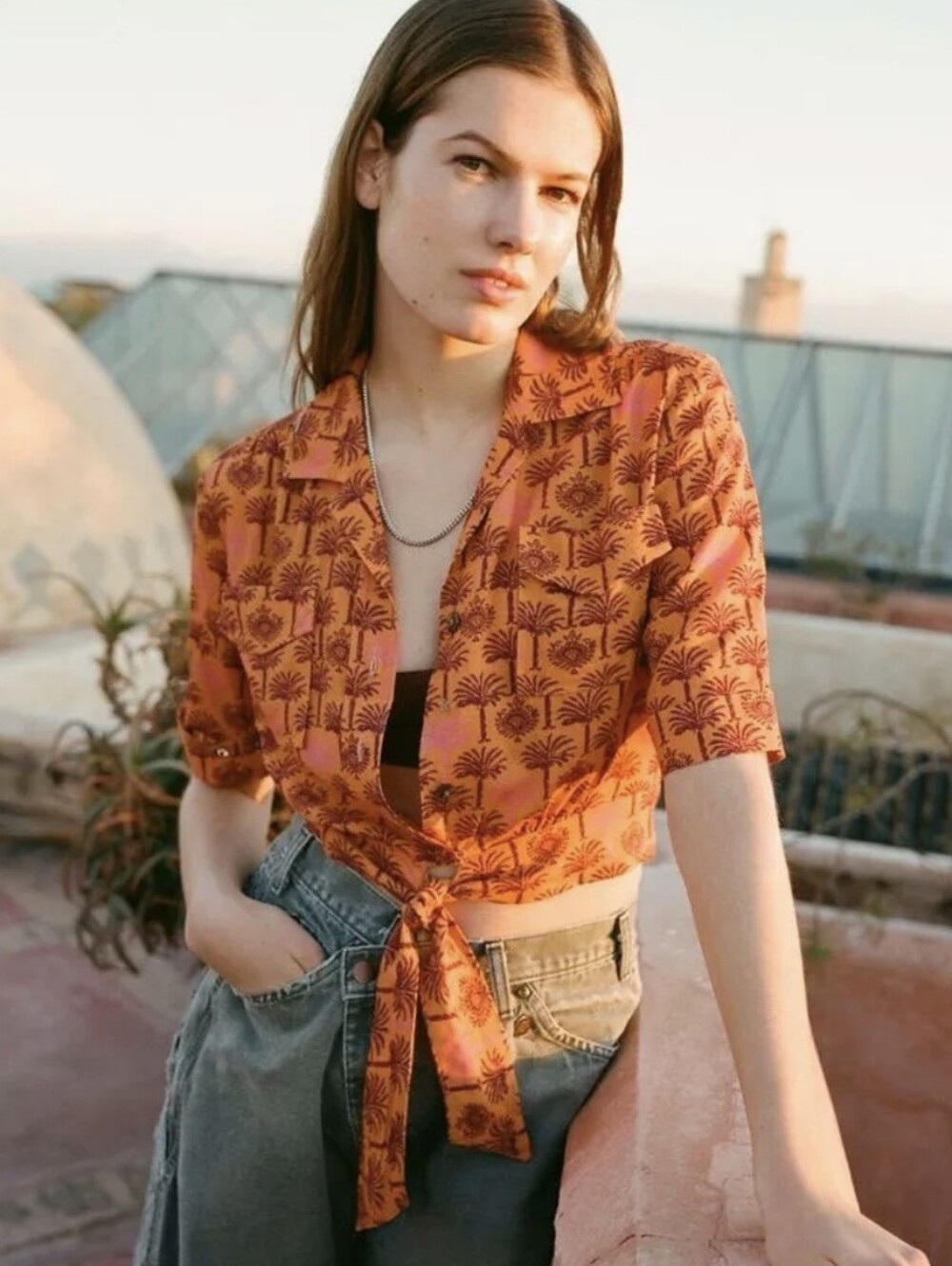 Urban Outfitters Cropped Tie-Front Button Orange Palm Print Beach Top Size S